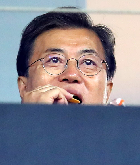 문재인 대통령이 25일 오후 광주광역시 광주-KIA 챔피언스필드에서 열린 2017 프로야구 한국시리즈 1차전 두산 베어스와 KIA 타이거즈의 경기에서 시구를 마치고 경기를 관람하고 있다.  연합뉴스