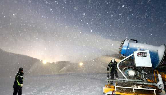 강원 평창군 용평리조트가 31일 새벽 스키장 2개 슬로프에 84대의 제설기를 동원해 이번 가을 첫 인공 눈을 뿌리며 본격적인 스키시즌 준비에 돌입했다.  연합뉴스