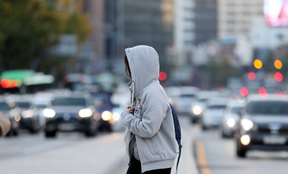 쌀쌀한 날씨가 이어진 31일 오전 서울 광화문사거리에서 한 시민이 횡단보도를 건너고 있다.  연합뉴스