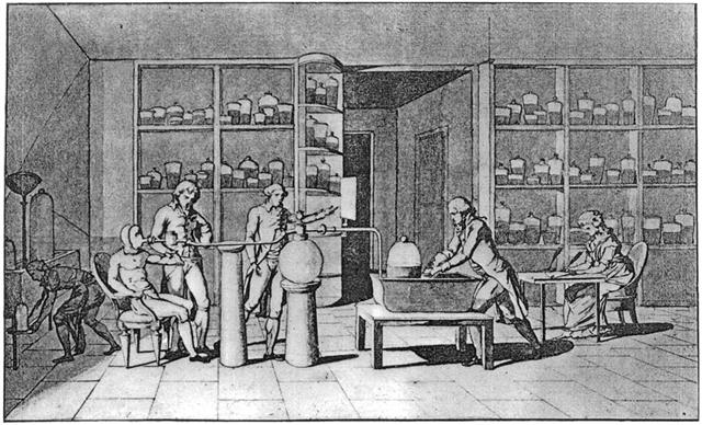 라부아지에(오른쪽 두 번째)가 사람의 호흡과 연소에 관한 실험을 하고 있는 모습. 퍼블릭 도메인 제공