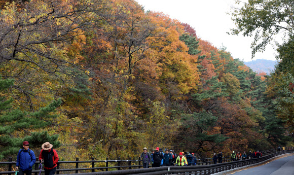 주말을 맞은 5일 오전 등산객들이 강북구 북한산을 오르고 있다.  연합뉴스