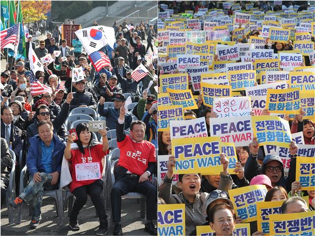 5일 오후 서울 도심에서 트럼프 대통령 방한 환영 집회와 트럼프 방한 즈음 시민평화행동 ’Peace not war’ 집회가 각각 열렸다. 이날 집회에서는 트럼프 미국 대통령 방한 환영과 반대 측 양의 입장이 서로 대조를 이뤘다. 사진 왼쪽 트럼프 대통령 방한 환영 집회, 오른쪽 트럼프 대통령 방한 반대 집회. 뉴스1