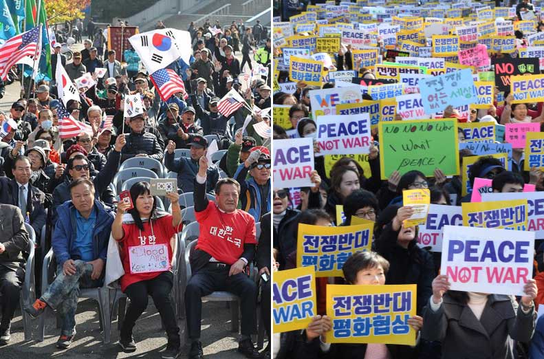 5일 오후 서울 도심에서 트럼프 대통령 방한 환영 집회와 트럼프 방한 즈음 시민평화행동 ‘Peace not war’ 집회가 각각 열렸다. 이날 집회에서는 트럼프 미국 대통령 방한 환영과 반대 측 양의 입장이 서로 대조를 이뤘다. 사진 왼쪽 트럼프 대통령 방한 환영 집회, 오른쪽 트럼프 대통령 방한 반대 집회.