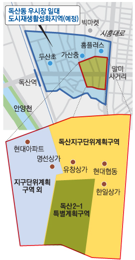 금천구 도시재생사업 대상 우시장특화구역이 자세히 나와 있는 조감도.