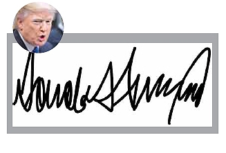 트럼프 대통령의 서명. 강하게 눌러쓴 필압과 좁은 글자 간격이 특징이다.