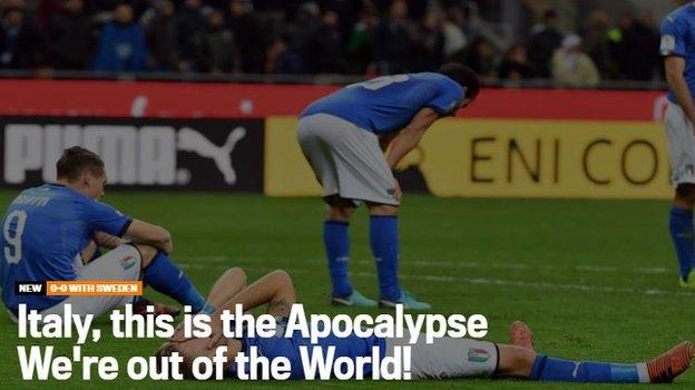 이탈리아 매체 가제타 델로 스포르트가 자국 축구가 월드컵 무대에 60년 만에 서지 못하는 것을 지옥의 묵시록과 같다고 탄식했다.