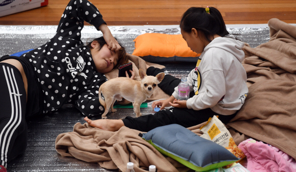 17일  경북 포항시 흥해읍실내체육관에 마련된 지진대피소에서 지진피해를 입은 이재민들이 휴식을 취하고 있다. 정연호 기자 tpgod@seoul.co.kr