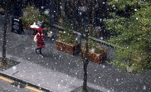 본격적인 겨울의 시작을 알리는 눈이 내린 20일 오후 서울 종로구에서 시민이 함박눈 속을 걷고 있다.  연합뉴스