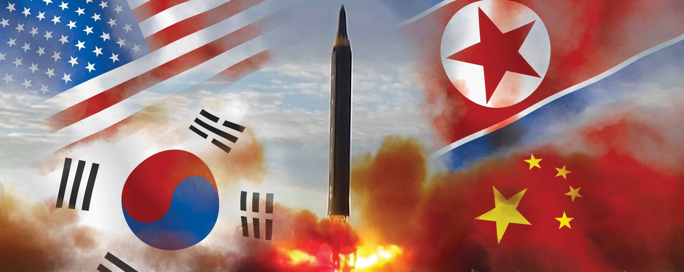 북한의 잇단 핵실험과 미사일 도발로 한반도 정세는 한치 앞을 내다볼 수 없는 불확실성 속으로 빠져들고 있다. 사진은 지난 9월 15일 북한의 중장거리탄도미사일(IRBM) ‘화성12형’ 발사 장면과 한국·미국·북한·중국(왼쪽 아래부터 시계 방향으로) 국기를 합성한 것. 서울신문 DB