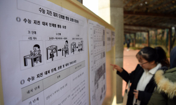 수능을 하루 앞 둔 22일 서울 이화여고에서 예비소집에 온 수험생들이 수능시험 중 지진대처 단계별 행동요령을 보고 있다. 정연호 기자 tpgod@seoul.co.kr