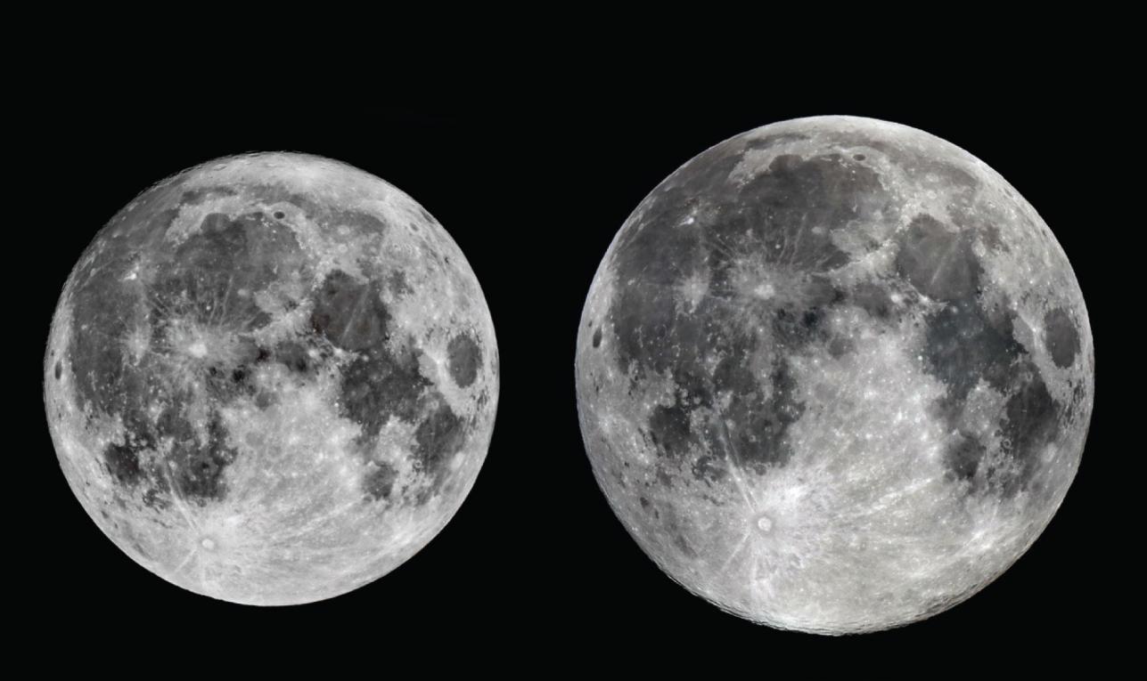 오는 4일 뜨는 슈퍼문(2017.12.4)과 올해 뜬 가장 작은달(2017.6.9) 비교사진. 슈퍼문이 가장 작은 달보다 14% 더 커보이고 30% 정도 밝아보인다. 한국천문연구원 제공