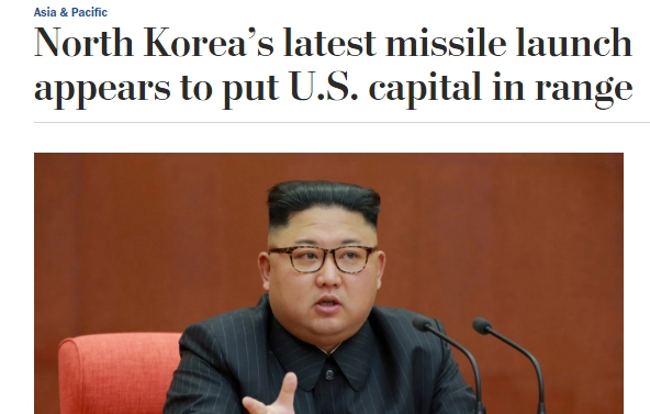 북한의 미사일 발사가 미국 수도를 염두에 두었을 것이라는 취지의 워싱턴포트의 28일(현지시간) 인터넷판 기사 제목.