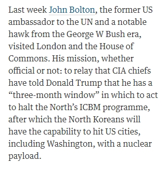 존 볼턴 전 유엔 주재 미국대사가 영국 의회에서 3개월 창에 대해 언급한 가디언 기사의 일부.