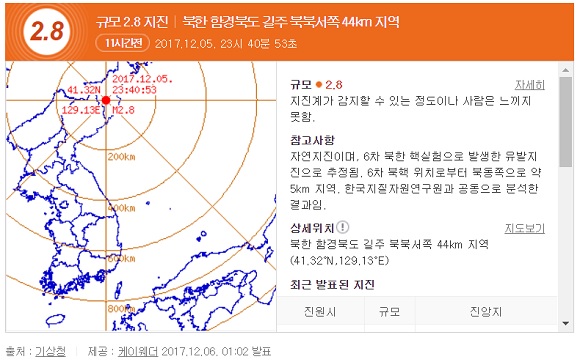 북한 함북 길주근 인근서 규모 2.8 지진 발생