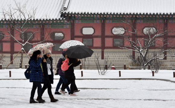 눈이 내린 10일 서울 경복궁을 찾은 중국인 단체관광객 관람을 하고 있다. 2017.12.10 박지환기자 popocar@seoul.co.kr