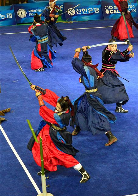 2016청주세계무예마스터십에 참가한 지구촌 선수들이 금메달을 놓고 치열한 경쟁을 벌이고 있다. 87개국 2200여명의 선수단이 참가한 이 대회는 무예 분야의 올림픽으로 평가받았다. 사진은 연무 장면.<br>충북도 제공