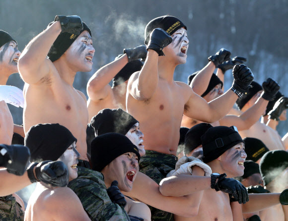 한국 해병대 수색부대와 미 해병대 3사단 8연대 소속 장병들이 19일 강원 평창군 황병산 산악종합훈련장에서 동계연합작전 수행능력 배양을 위한 연합 설한지 훈련을 하고 있다.  연합뉴스