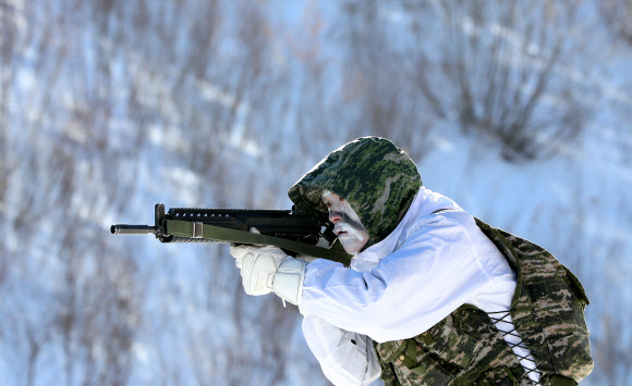 한국 해병대 수색부대와 미 해병대 3사단 8연대 소속 장병들이 19일 강원 평창군 황병산 산악종합훈련장에서 동계연합작전 수행능력 배양을 위한 연합 설한지 훈련을 하고 있다.  연합뉴스