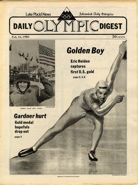 1980년 레이크플래시드 대회 남자 스피드스케이팅 첫날 에릭 헤이든의 500m 금메달 소식을 알린 2월 16일자 미국 일간 올림픽 다이제스트 표지.