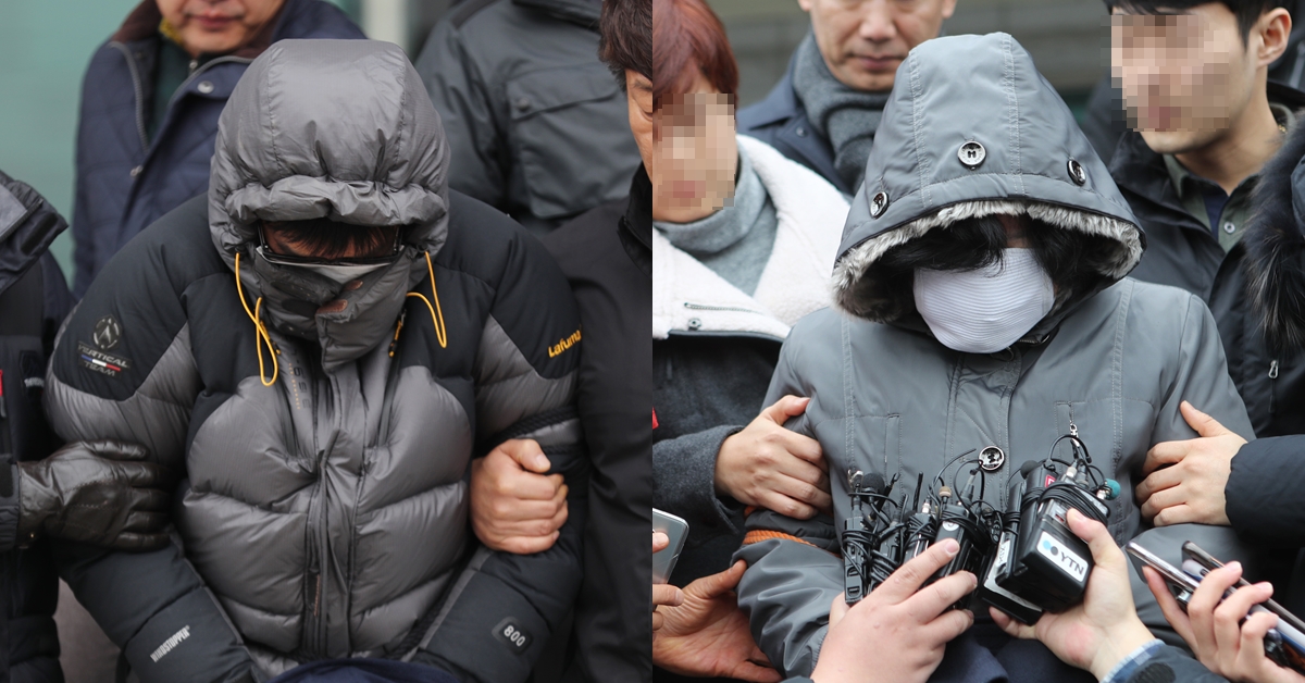 친딸 고준희(5)양 시신을 유기한 혐의로 30일 영장실질심사를 받으러 전북 전주 덕진경찰서를 나서는 친아빠 고모(36·왼꼭)씨와 고씨 내연녀의 어머니 김모(61)씨. 2017.12.30  연합뉴스