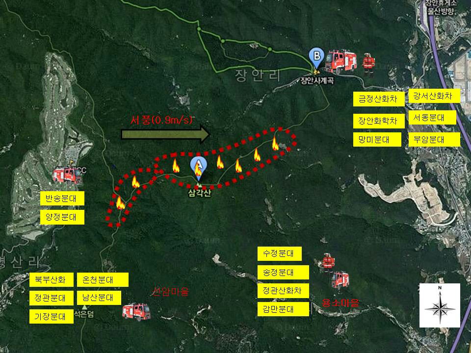 부산 기장군 삼각산에 새해 첫날인 1일 오후 9시 46분쯤 산불이 발생 임야 50만㎡를 태우고 13시간여만인 2일 오전 큰 불길이 잡혔다. 사진은 산불 현황. 부산소방본부 제공 