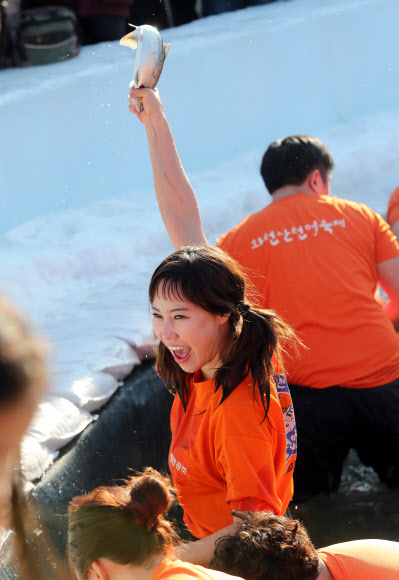 강원도 화천군 화천천에서 ’2018 화천산천어축제’가 개막한 6일 맨손잡기 체험에 참가한 관광객이 얼음물에 들어가 산천어를 잡고 있다. 화천산천어축제는 5년 연속 ‘대한민국 대표축제’로 선정됐다. 축제는 28일까지 23일간 펼쳐진다. 2018.1.6 연합뉴스