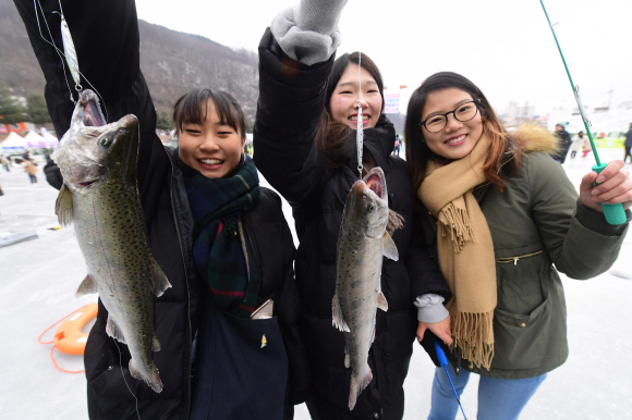 ’2018 화천산천어축제’ 개막 이틀째인 7일 강원도 화천군 화천천에 마련된 축제장에 많은 관광객이 찾아 겨울 추억을 만들고 있다. 축제는 오는 28일까지 펼쳐진다 2018.1.7 정연호 기자 tpgod@seoul.co.kr