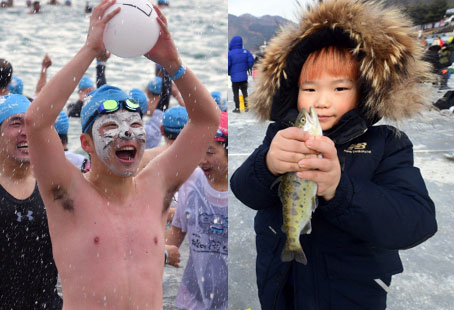 7일 부산 해운대구 해운대해수욕장에서 열린 북극곰 수영대회에 참가한 시민들이 물속에 뛰어 들며 겨울추위를 이겨내고 있다.(왼쪽 사진) 2018.1.7 박지환기자 popocar@seoul.co.kr ‘2018 화천산천어축제’ 개막 이틀째인 7일 강원도 화천군 화천천에 마련된 축제장에 많은 관광객이 찾아 겨울 추억을 만들고 있다. 축제는 오는 28일까지 펼쳐진다.(오른쪽 사진) 2018.1.7 정연호 기자 tpgod@seoul.co.kr
