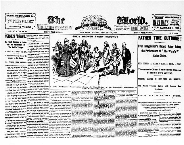 블라이가 72일 만에 세계일주를 완주한 다음날인 1890년 1월 26일 뉴욕월드 1면에 실린 기사. “그녀가 모든 기록을 깼다”고 쓰여 있다. 모던아카이브 제공