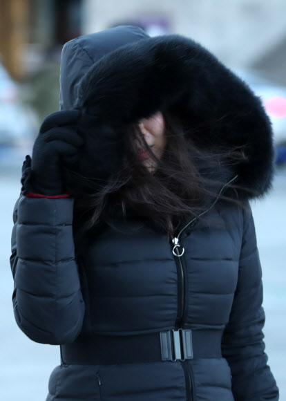 눈이 그치고 한파가 몰아친 23일 오전 서울 종로구 광화문 광장에서 두꺼운 옷으로 중무장한 시민들이 출근길을 서두르고 있다.  연합뉴스