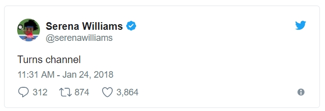 세레나 윌리엄스가 24일 호주 오픈 남자 테니스 단식 8강전 정현과 테니스 샌드그렌의 경기가 이뤄지던 시각 올린 트윗. 2018.1.24  트위터