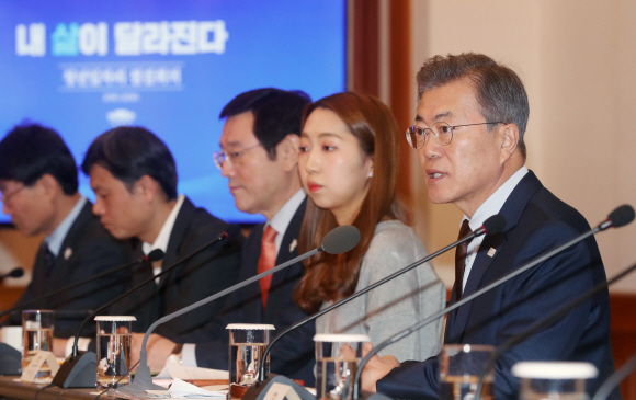 문재인 대통령이 25일 청와대에서 ’청년일자리 점검회의’를 주재하고 있다.  안주영 기자 jya@seoul.co.kr