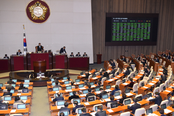 30일 국회에서 열린 본회의에서 소방기본법 개정안이 의원들의 표결에 의해 통과되고 있다. 2018.1.30.   이종원 선임기자 jongwon@seoul.co.kr