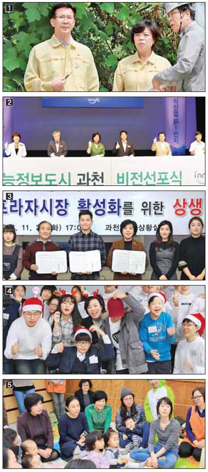발로 뛴 민선 6기 주요 사업ㆍ행사  [1] 신계용(가운데) 시장이 지난해 8월 지식정보타운 공공주택지구 조성사업 공사 현장을 방문, 관계자로부터 사업 일정과 계획을 듣고 있다.　<br>[2] 신 시장(왼쪽 세 번째)이 지난해 5월 ‘지능정보도시 과천 비전 선포식’을 갖고 4차 산업 친화도시로의 계획을 발표하고 있다.<br>[3] 신 시장(오른쪽 세 번째)이 지난해 11월 ‘청년상인과 함께하는 과천새서울프라자 상생협약식’을 갖고 있다.<br>[4] 신 시장(오른쪽 네 번째)이 지난해 12월 ‘장애·비장애 청소년의 행복한 동행’ 1년 성과를 축하하는 자리에 참석, 청소년들과 기념촬영을 하고 있다.<br>[5]신 시장(왼쪽 첫 번째)이 지난해 3월 생애 초기 독서습관 형성을 위한 2017 북스타트 책놀이활동 개강식에 참석, 관계자의 설명을 듣고 있다. <br>과천시 제공