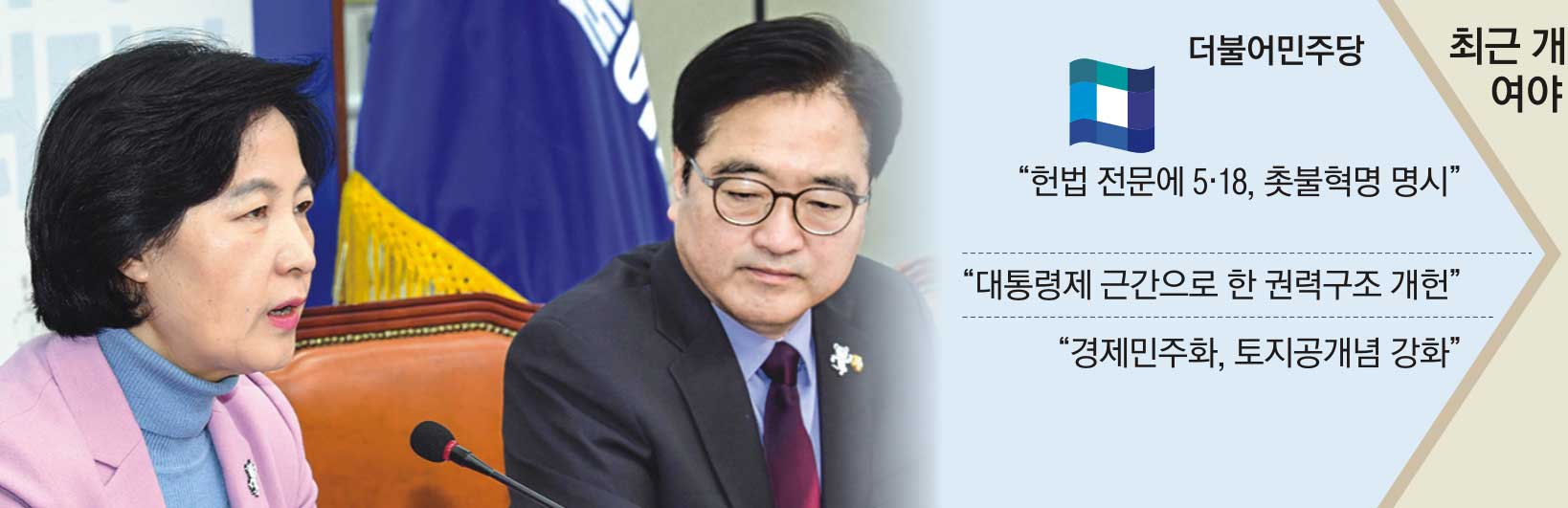 추미애(왼쪽) 더불어민주당 대표, 우원식 원내대표가 2일 국회에서 열린 최고위원회의에서 모두 발언을 하고 있다.  이종원 선임기자 jongwon@seoul.co.kr