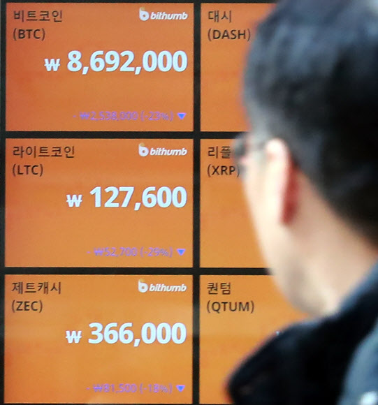 2일 오후 서울 중구 가상화폐 거래소 빗썸 전광판에 비트코인 가격이 800만원대에 거래되고 있다.  연합뉴스