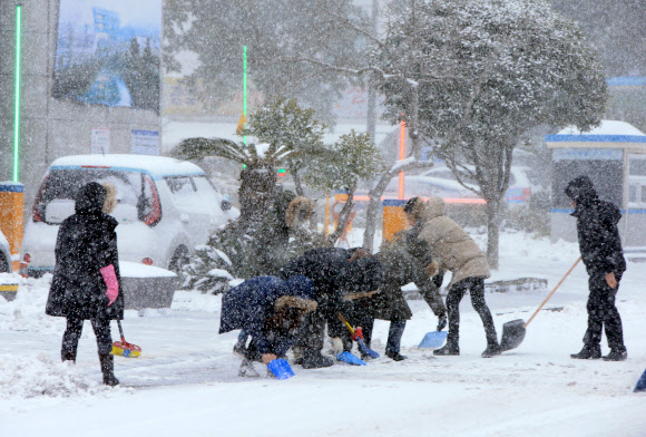 제주 전역에 많은 눈이 내린 5일 제주시청 직원들이 종합민원실 앞 도로 제설작업을 하고 있다.  연합뉴스