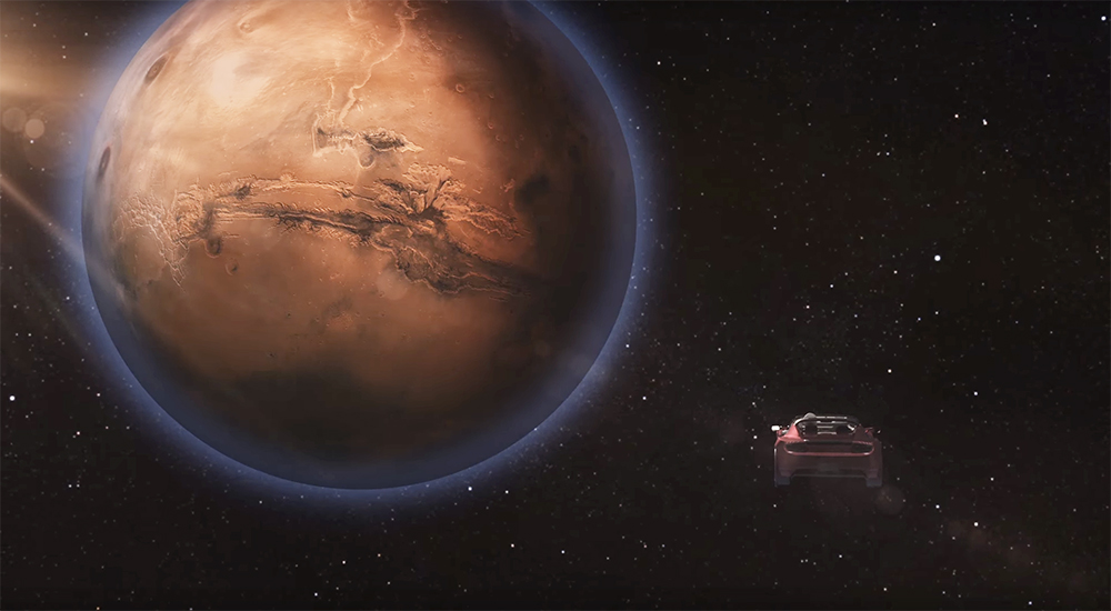 테슬라 로드스터가 화성을 향해 달리는 장면. Space X.
