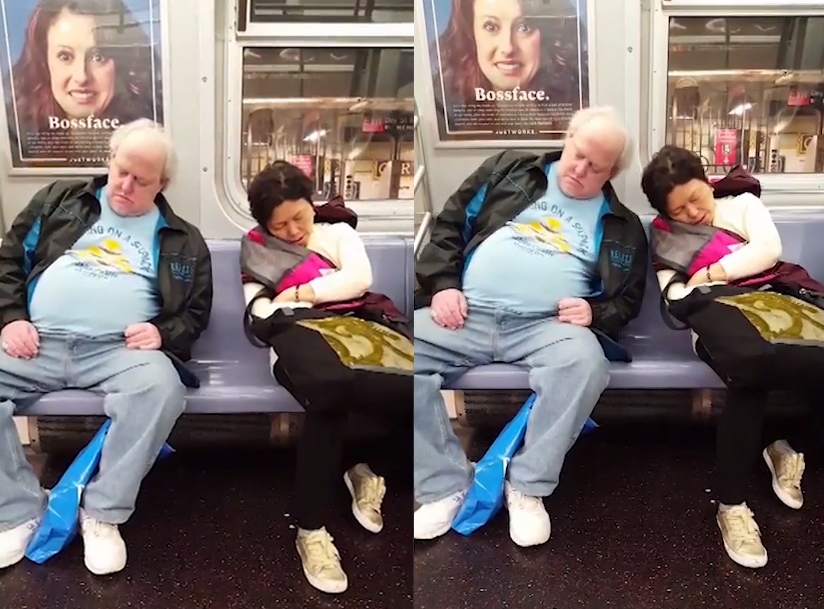 열차 안에서 너무 졸려 서로 부딪힐 뻔한 남녀 승객(유튜브 영상 캡처)