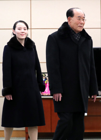 인천공항 접견실 들어서는 김영남, 김여정