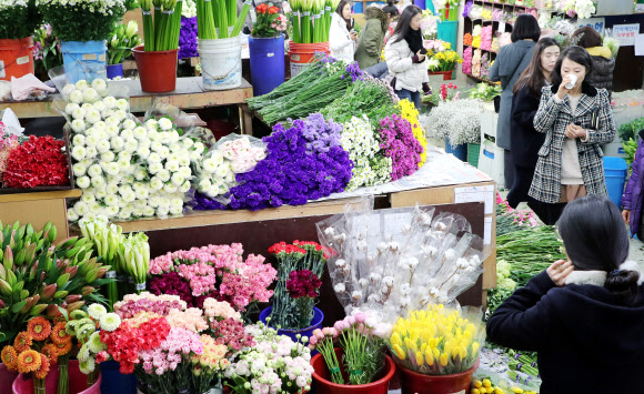 우수, ’활기 넘치는 꽃시장’