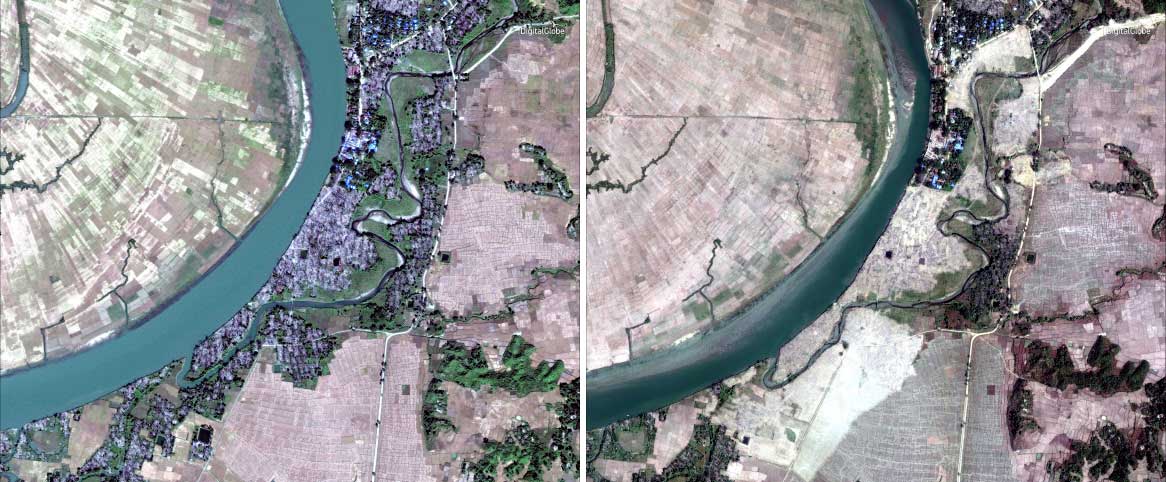 미국 디지털글로브가 2개월 간격으로 촬영한 미얀마 북서부의 로힝야족 거주지 미야르진의 위성사진. 지난해 12월 2일 촬영된 왼쪽 사진에서 온전한 형태로 나타났던 가옥 등 건축물이 이달 5일 찍힌 오른쪽 사진에서는 거의 초토화돼 있다. 디지털글로브 제공 AP 연합뉴스