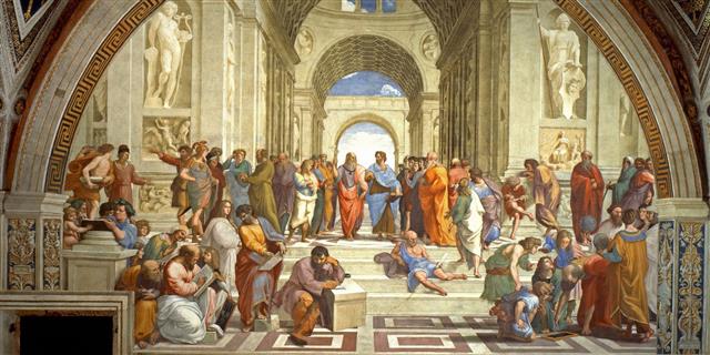 1510년 이탈리아 화가 라파엘로가 그린 ‘아테네 학당’. 이 작품은 그리스 철학자 플라톤이 세운 아카데미의 모습을 그린 것으로 당시 아카데미 정문에는 ‘기하학을 모르는 자는 입학할 수 없다’는 문구가 붙어 있었다고 한다.  위키피디아 제공