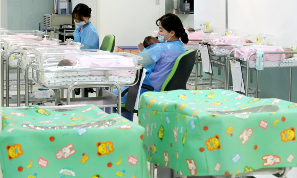 지난해 우리나라 출생아 수가 1970년대 통계 작성 이후 최저 수준으로 추락한 가운데 28일 서울의 한 산부인과 병원 신생아실에서 의료진이 아이들을 돌보고 있다.  연합뉴스