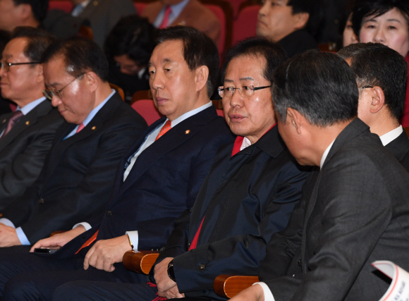 자유한국당 홍준표 대표(오른쪽 두 번째)가 2일 국회 의원회관에서 열린 국민개헌 대토론회에 참석하고 있다. 이호정 전문기자 hojeong@seoul.co.kr