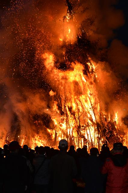 정월대보름인 2일 오후 경북 포항시 남구 해도동 형산강체육공원에서 열린 달집태우기 행사에서 시민들이 달집에 한해의 액운을 태우고 있다. 뉴스1