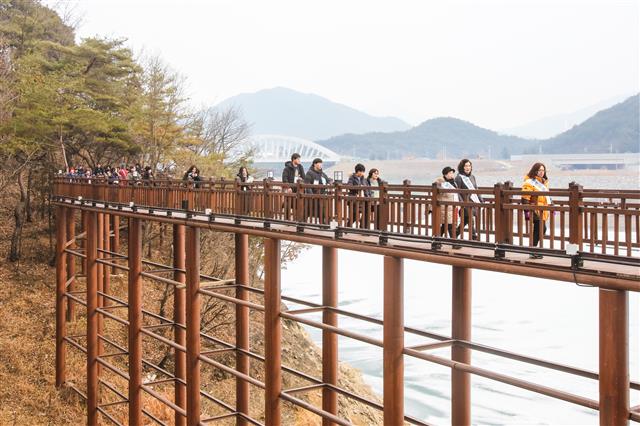 남한강 수면 20~25m 위에 설치돼 트레킹을 즐기며 짜릿한 체험을 할 수 있는 잔도.<br>단양군 제공