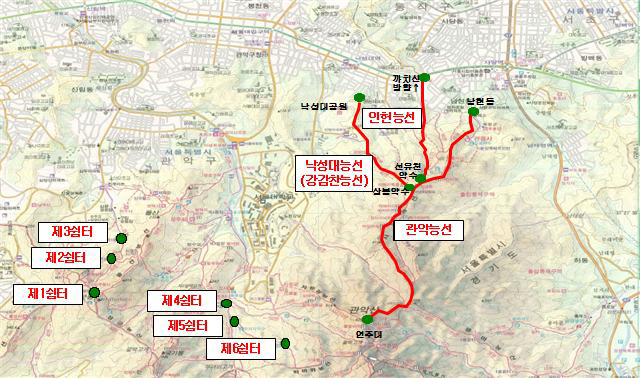 새 이름 생긴 관악산 등산로  남현동~연주대 구간은 ‘관악능선’, 까치고개 생태육교~선유천 약수터 구간은 ‘인헌능선’, 낙성대공원~상봉약수터 구간은 ‘낙성대(강감찬)능선’, 서울대 공과대학~연주대 구간은 ‘만사형통로’라는 새로운 이름이 생겼다.<br>관악구 제공