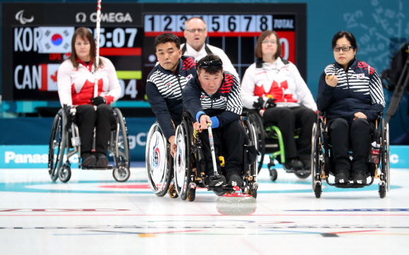 12일 오전 강릉컬링센터에서 열린 2018 평창패럴림픽 휠체어컬링 한국과 캐나다전에서 한국대표팀 정승원이 투구 하고 있다. 연합뉴스