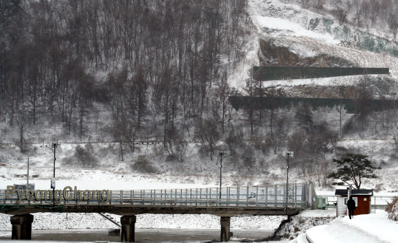 전국적으로 봄비가 그친 16일 오전 강원도 평창군 대관령면에는 눈이 내려 한 시민이 설경을 감상하고 있다.  연합뉴스
